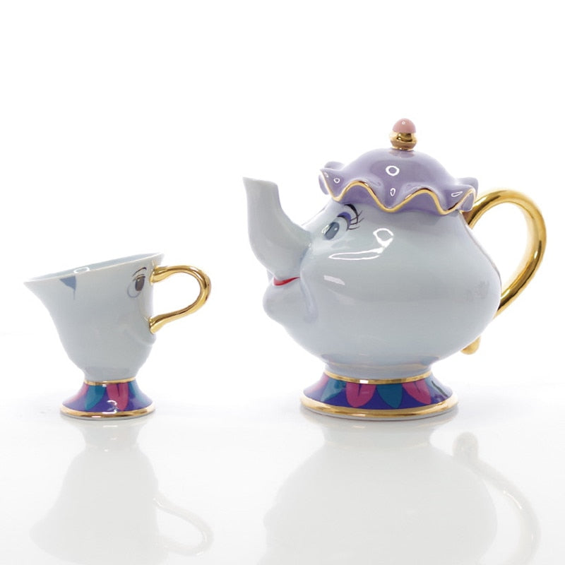 ¡Promoción! Juego de té de La Bella y La Bestia de dibujos animados, tetera Mrs Potts, taza con Chip, azucarero, olla Cogsworth, café, cumpleaños, regalo de Navidad