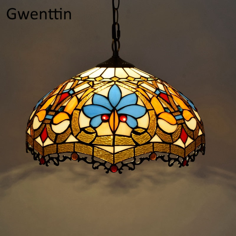 Vintage Tiffany Pendant Lights Mediterranean Baroque Stained Glass Hanging Lamp Led Kitchen Lighting Fixtures Home Loft Decor