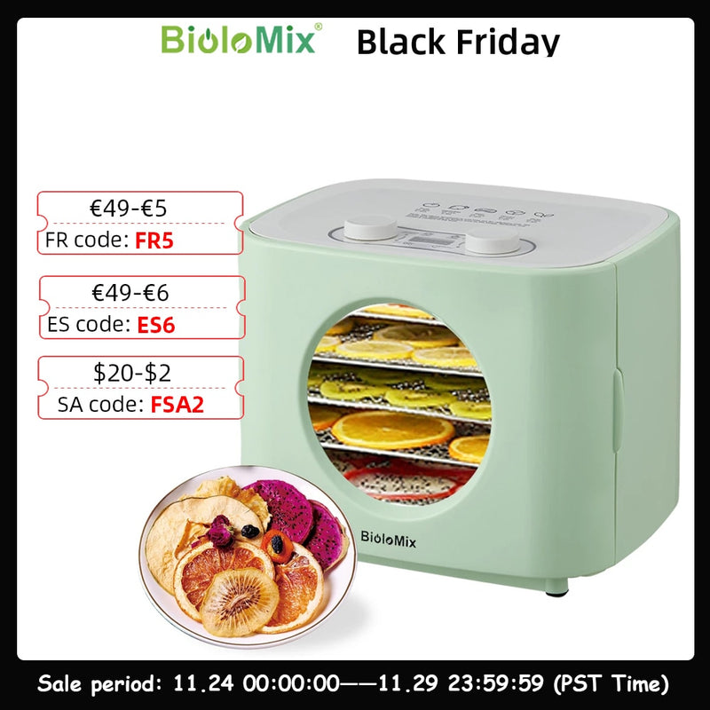 BioloMix 5 Metallschalen Dörrgerät Obsttrockner mit Brühfunktion Digitale LED-Anzeige für Jerky, Kräuter, Fleisch, Gemüse