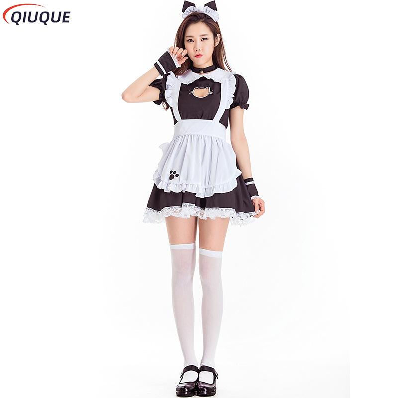 Schwarze Lolita Kleider Maid Outfit Süße Katze Cosplay Kostüm Damen Anzug Schürze Kleid Halloween Kostüme