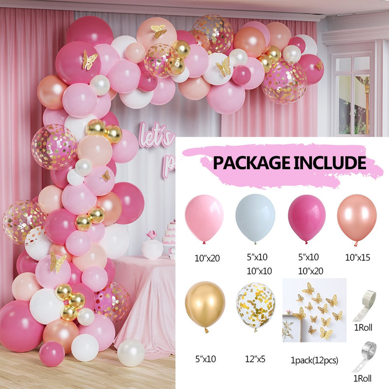 Hot Pink Balloon Garland Arch Kit Butterfly Stickers Chrome Rose Gold Latex Balloons for Birthday Wedding Baby Shower Decoration