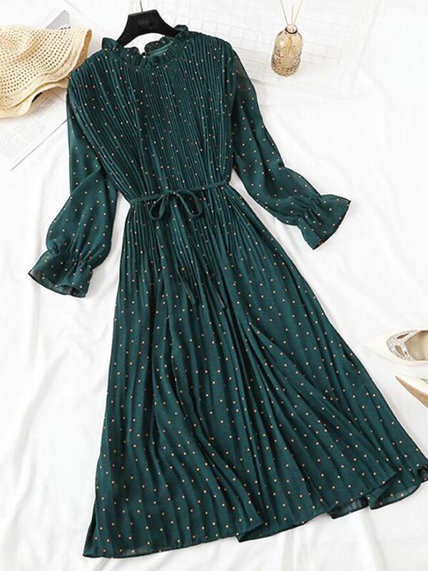 2022 New Women Spring Print Dresses Long Sleeve Chiffon Pleated Dress Casual Ruffle Flare Sleeve Long Dress Loose Vestidos