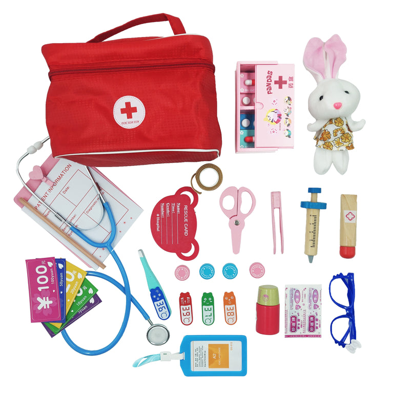 Juego de juguetes de doctor para niños, juego de simulación de madera para niños, juegos para niñas y niños, caja de medicina roja para dentista, bolsas de tela