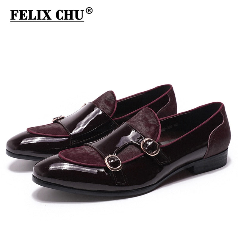 FELIX CHU Herren Hochzeit Loafer Herren Partykleid Schuhe Lackleder mit Pferdehaar Lässige Mönchsriemen Formelle Schuhe für Herren