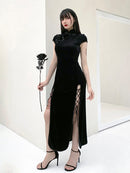 InsGoth Retro Cheongsam Black Dress Goth High Waist Bandage Patchwork  Midi Dress Women Elegant Bodycon Short Sleeve Party Dress
