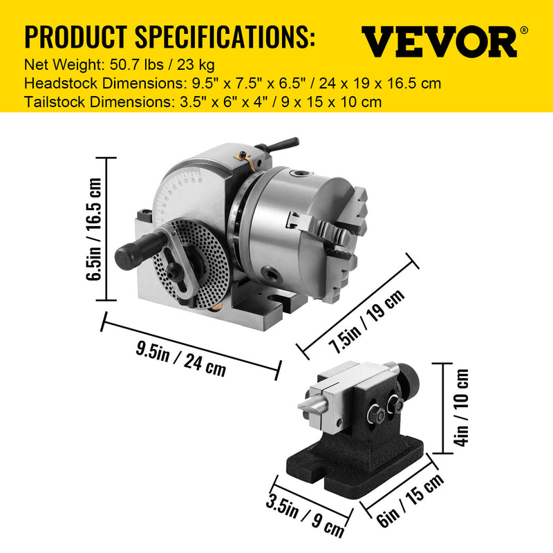 VEVOR BS0 5&quot; Dividing Head Indexing Head Semi Universal With Indexing Plates, Tailstock &amp; 125mm 3-Jaw Chuck for Drilling Milling