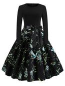 Winter WeihnachtsKleider Damen 50er 60er Vintage Kleid Swing Pinup Elegant Partykleid Langarm Freizeit Print Schwarz