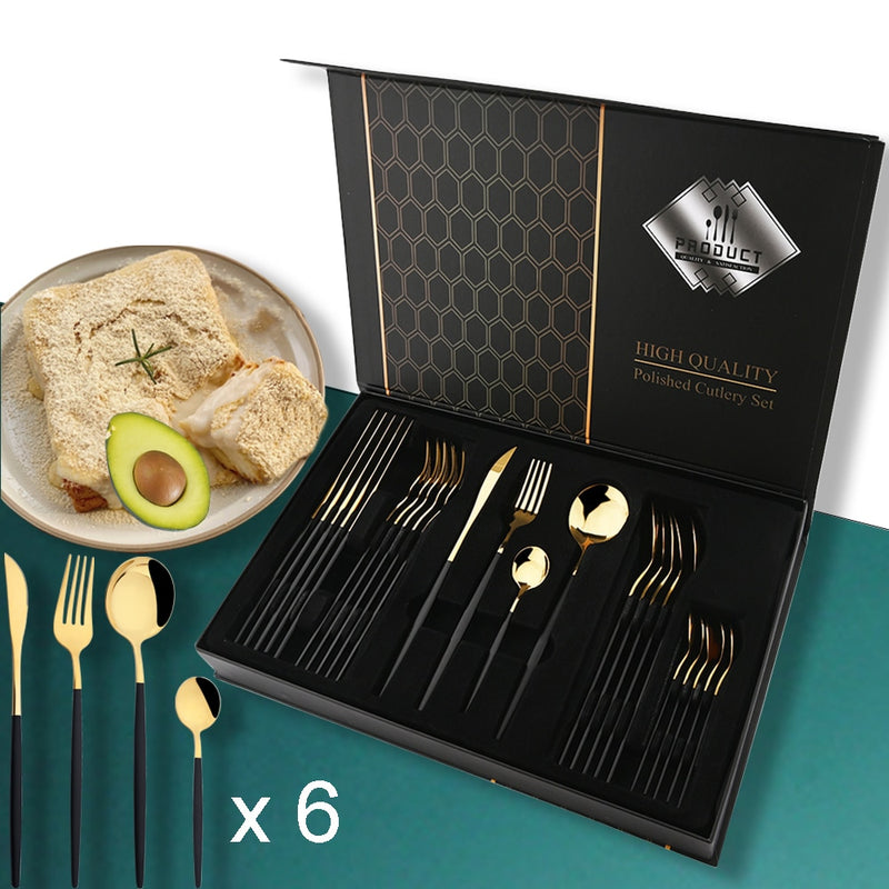 24Pcs/Set Stainless Steel Dinnerware Set Mix Gold Cutlery Set Dinner Knife Fork Coffee Spoon Tableware Kitchen Silverware Sets