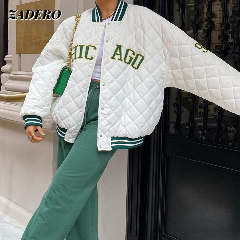 Y2k estampado verde moda béisbol bombardero abrigo 2022 Otoño Invierno chaqueta de retales de gran tamaño Varsity mujeres Casual blanco