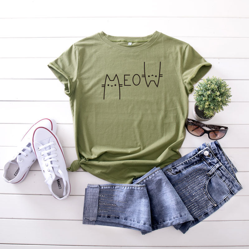 JCGO Summer Women T Shirts Cotton Funny Cat Print Short Sleeve Ladies Regular Tees Tops Casual Round Neck Female Graphic TShirts