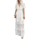 Happie Queens Summer 2021 Women Lace Embroidery Long Sleeve V-neck White Chiffon Beach Dress Lady mesh Patchwork Boho Dresses