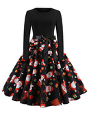 Winter WeihnachtsKleider Damen 50er 60er Vintage Kleid Swing Pinup Elegant Partykleid Langarm Freizeit Print Schwarz