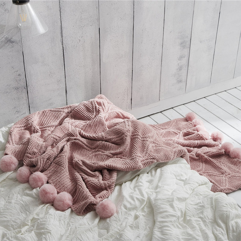 REGINA Brand Chunky Knit Chenille Blankets Cute Pompoms Home Decorative Warm Weighted Cozy Sofa Bed TV Knitted Throw Blanket