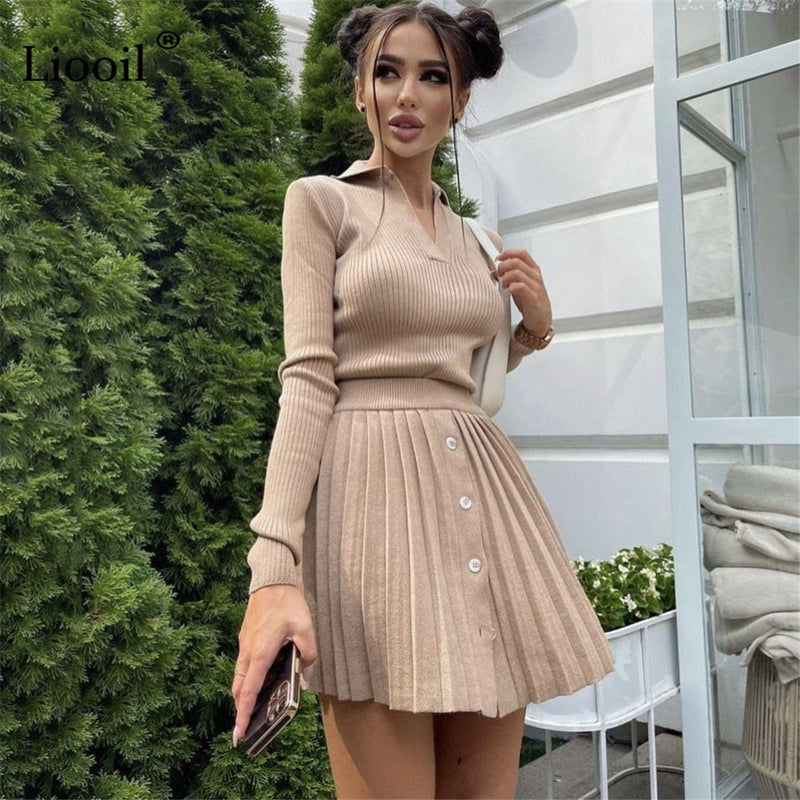 Two Piece Sweater Outfits Set Women Knitted Tops And Pleated Mini Skirts Long Sleeve V Neck Button Up Streetwear Sexy Skirt Sets