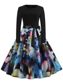 Winter WeihnachtsKleider Damen 50er 60er Vintage Kleid Swing Pinup Elegant Partykleid Langarm Freizeit Print Schwarz