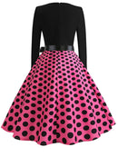 Winter WeihnachtsKleider Damen 50er 60er Vintage Kleid Swing Pinup Elegant Partykleid Langarm Freizeit Print Schwarz