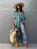 2022 Bikini Cover-ups Black Retro Striped Self Belted Women Summer Clothing Kimono Dress Beach Wear Swim Suit Cover Up Q1225