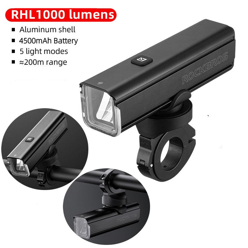 ROCKBROS 400-1000LM Bike Light Bicycle Headlight With Mount Holder IPX3 USB Rechargeable Bike Flashlight Combo Out Front Holder