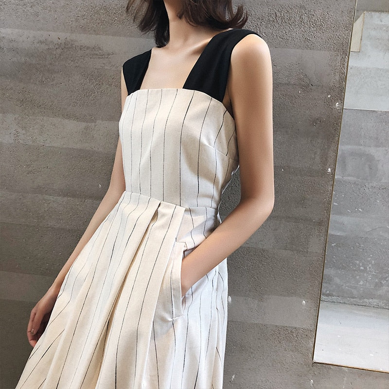 Women Stripes Dress Cotton and Linen High Waist Swing Vintage Pocket Cross Back Party Casual Dresses Vestidos Good Quarlity