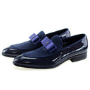 Handmade Genuine Patent Leather and Cow Suede Patchwork with Bow Tie Men Wedding Black Dress Shoes Mens Banquet Loafers Blue Red