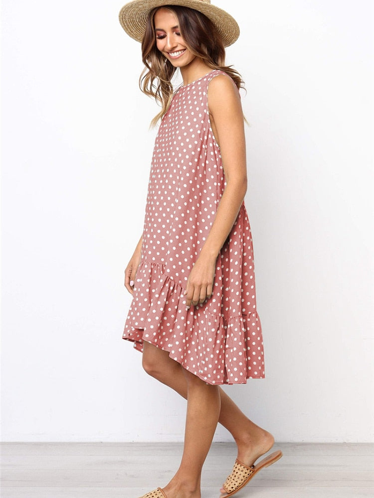 Lossky Women Summer Dress Polka Dot Chiffon Sleeveless Beach Mini Casual Yellow Sundress 2022 Fashion Dress For Women