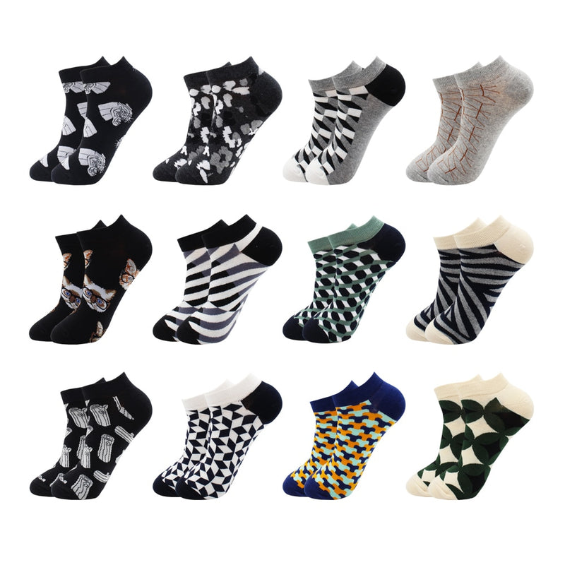 6-12 Pairs Novelty Funny Casual Ankle Socks Fashion Colorful Harajuku Fruit Animal Grid Cotton Men Socks Slippers