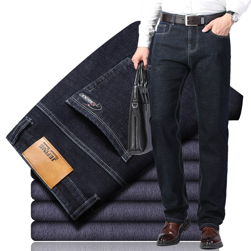 Winter Thermal Warm Flannel Stretch Jeans Mens Quality Famous Brand Fleece Pants Men Straight Flocking Trousers Jean Male