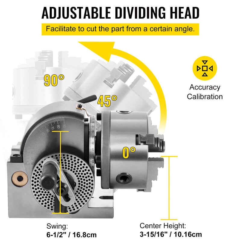 VEVOR BS0 5&quot; Dividing Head Indexing Head Semi Universal With Indexing Plates, Tailstock &amp; 125mm 3-Jaw Chuck for Drilling Milling