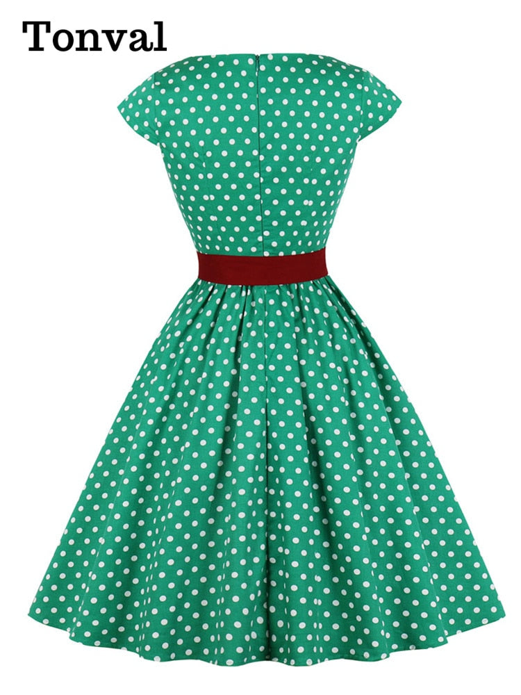 Tonval Green Retro Polka Dot 1950s Rockabilly Pleated Belted Dress Cap Sleeve Summer Women High Waist Vintage Dresses