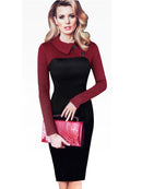 Nice-forever Elegant Vintage Fitted winter dress full Sleeve Patchwork Turn-down Collar Button Business Sheath Pencil Dress b238