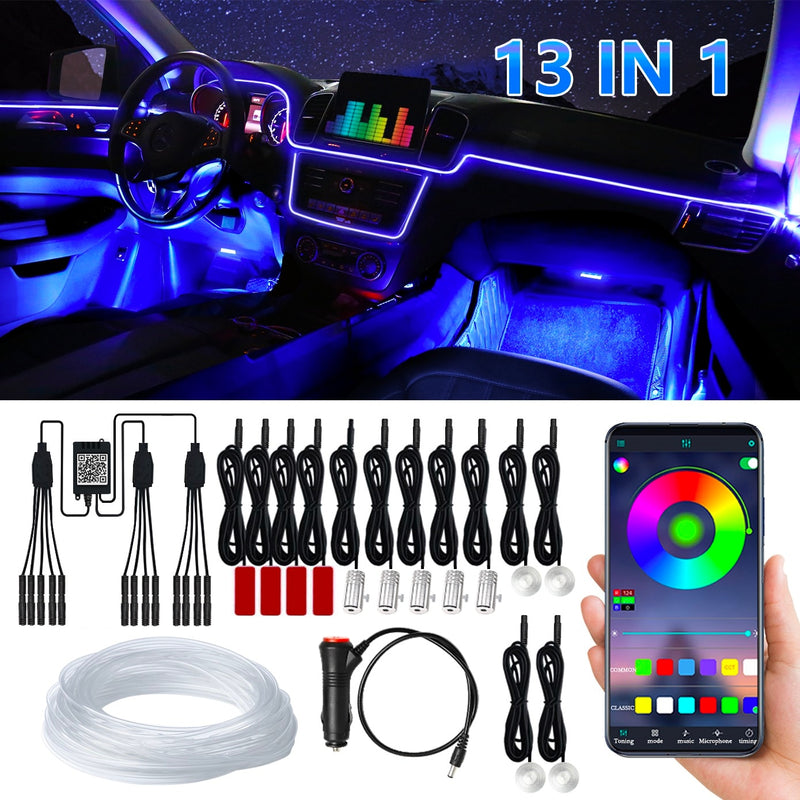 Luz ambiental para coche, aplicación de decoración Interior ambiental, Control de sonido, tiras Led de neón RGB inalámbricas, lámparas flexibles automáticas