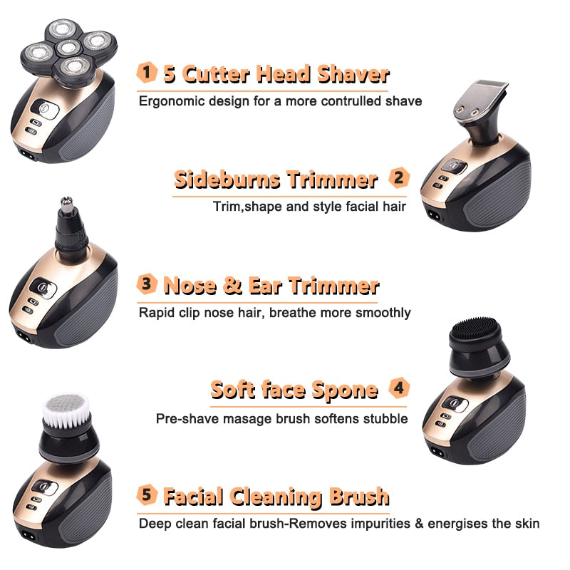 Afeitadora eléctrica de cabeza calva recargable 5 en 1 4D para hombres, 5 cabezas flotantes, recortadora de pelo para barba, nariz, oreja, maquinilla de afeitar, cepillo Facial