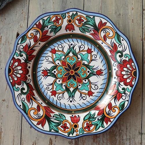 Plato de cerámica pintado a mano estilo bohemio, 1 Uds., vajilla de flores delicadas, bistec occidental, ensalada, postre, pastel, Sushi, plato decorativo