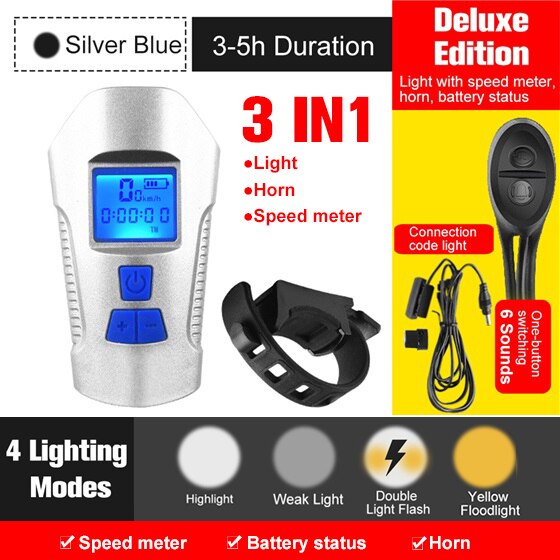 Bicycle Light USB Rechargeable Bike Odometer Front Light Flashlight with Computer LCD Speedometer Cycling Head Lantern Horn