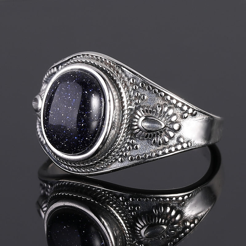 Natural Blue Sandstone 8x10MM Silver Ring Jewelry Retro Oval Ring For Women Gift Wholesale Party Wedding Gift