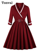 Tonval Vintage Style Wrap Belted Elegant Pleated Autumn Dress Women 2022 Winter Robe Femme 3/4 Length Sleeve Cotton Dresses