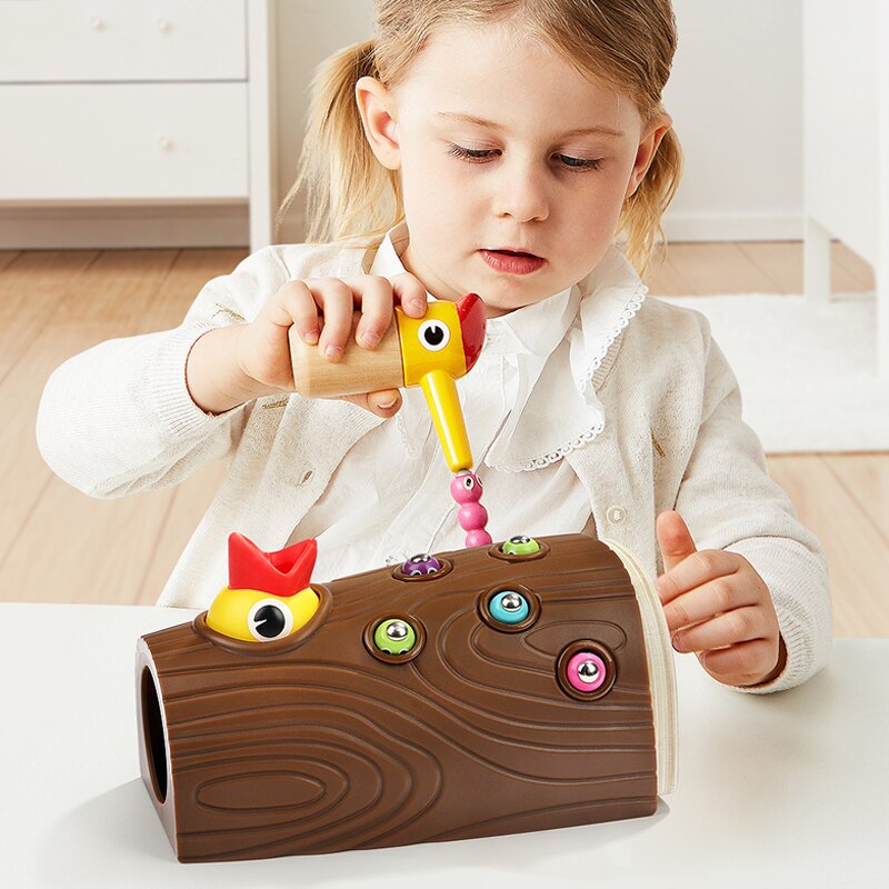 Montessori STEM Educational toys for children wooden toys Woodpecker catching bugs with Magnet fishing New Year gift for boys