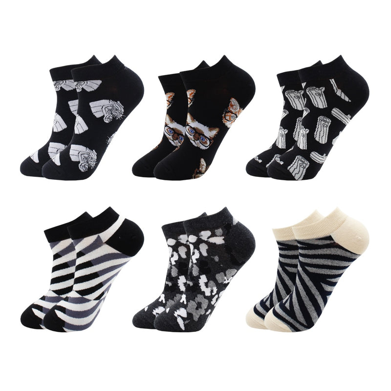 6-12 Pairs Novelty Funny Casual Ankle Socks Fashion Colorful Harajuku Fruit Animal Grid Cotton Men Socks Slippers