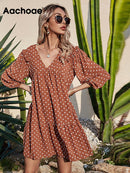 Aachoae Women Casual Loose Polka Dot Dress V Neck Pleated Chiffon Dress Lantern Half Sleeve Mini Beach Dress Summer Robe Femme