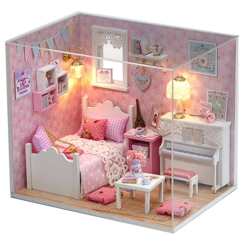 Cutebee DIYHouse Miniature with Furniture LED Music Dust Cover Model Building Blocks Toys for Children Casa De Boneca