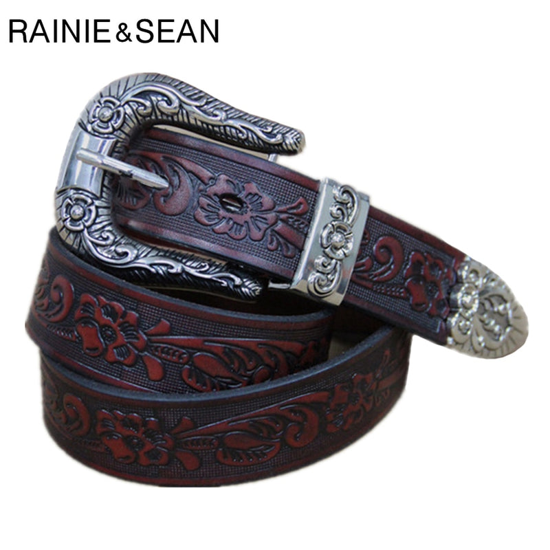 RAINIE SEAN Men's Waist Belt Jeans Genuine Leather Embossed Pin Belt Burgundy Vintage Male High Quality Real Cow Leather Belts