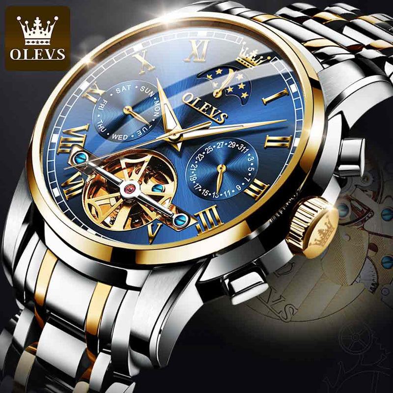 OLEVS Men Watch Automatic mechanical watch  Stianless Top Brand Dress Luxury moon phaseTourbillon Wristwatch Gifts for Male