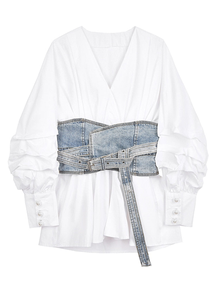 [EAM] blusa de temperamento dividido de mezclilla blanca para mujer nueva solapa manga larga linterna camisa holgada moda primavera otoño 2022 1Z942