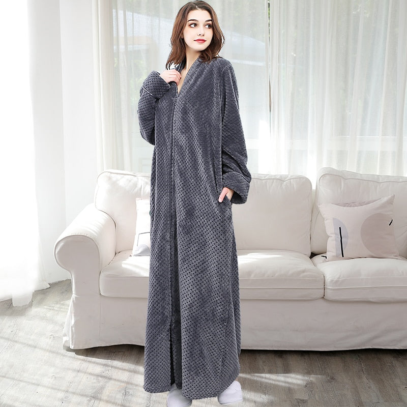 Frauen Winter Plus Größe Langer Warmer Flanell Mit Kapuze Bademantel 40-110 KG Reißverschluss Bademantel Schwangere Nacht Morgenmantel Männer Nachtwäsche