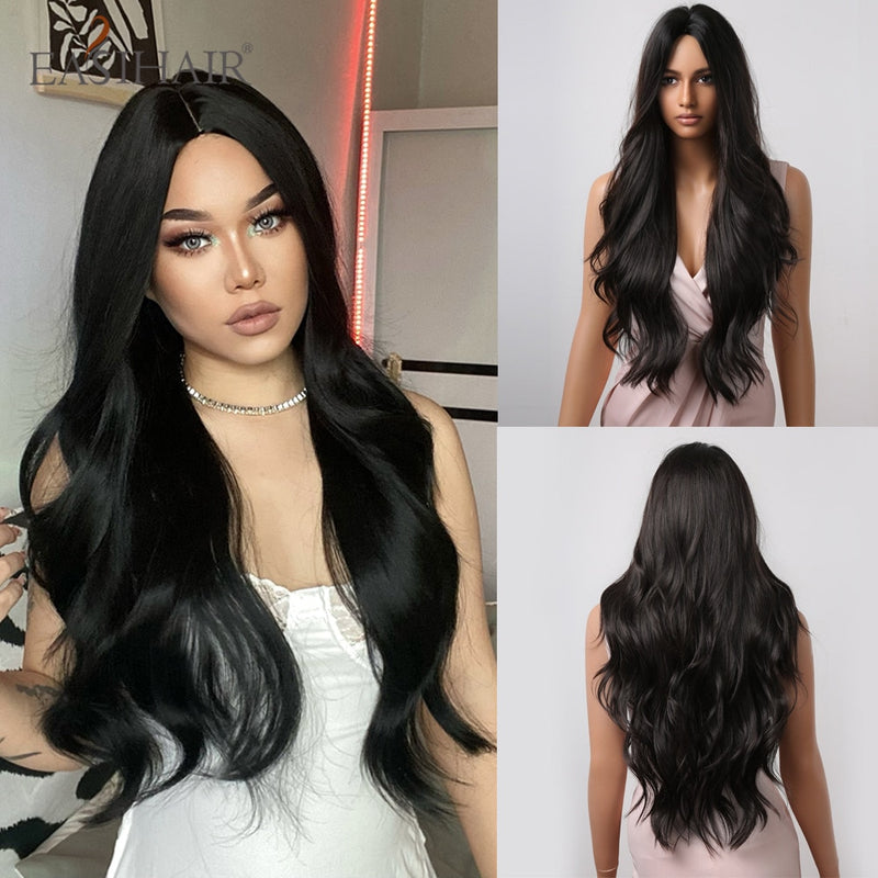 EASIHAIR Long Wavy Dark Brown Black Synthetic Wigs Natural Middle Part Hair Wigs for Women Daily Cosplay Party Heat Resistant