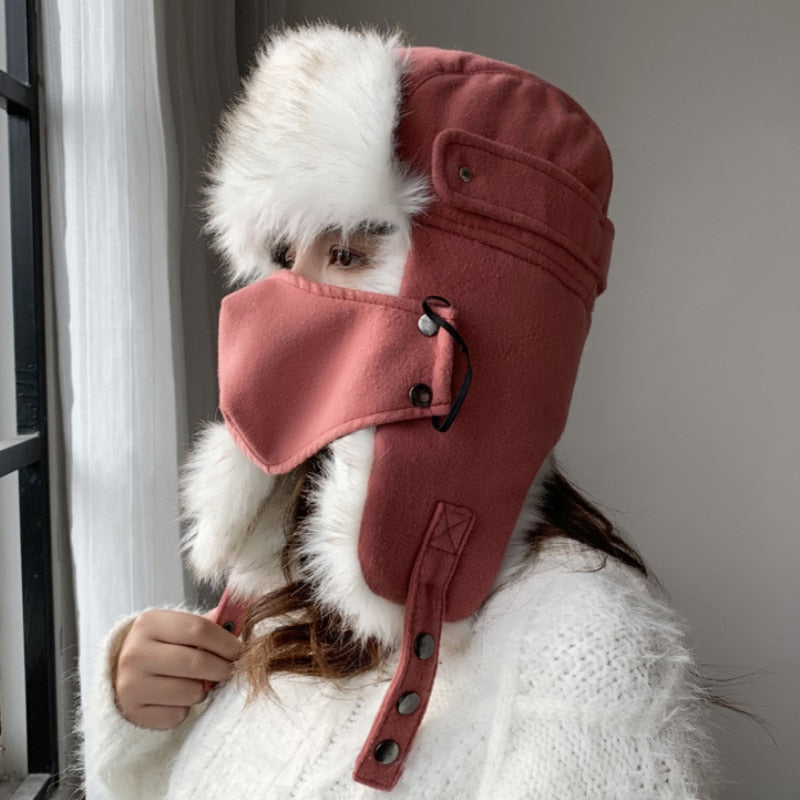 HT2876 Russian Hat Thick Warm Women Winter Hat Ladies Earflap Trapper Snow Ski Cap Female Mask Ushanka Fur Hat Women Bomber Hat