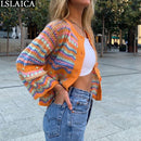 Cardigan Top Women Long Sleeve Single Button Decorated Slim Rainbow Striped Patchwork Women&