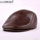LA SPEZIA Classic Beret Caps Men Warm Genuine Leather Caps Ivy Windproof Duckbill Hat Burgundy Winter Luxury Brand Flat Hats