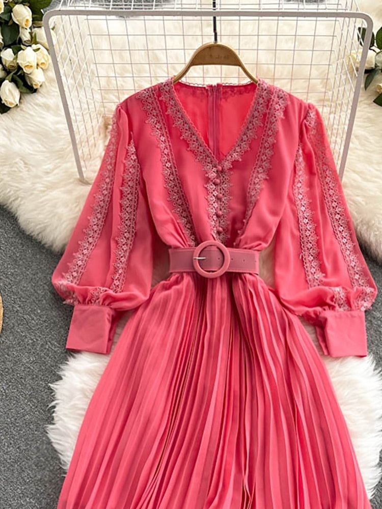 Women Lace Patchwork Pleated Chiffon Long Dress Autumn Winter Red/Black/Blue Draped Party Vestidos With Sashes Female Robe 2021