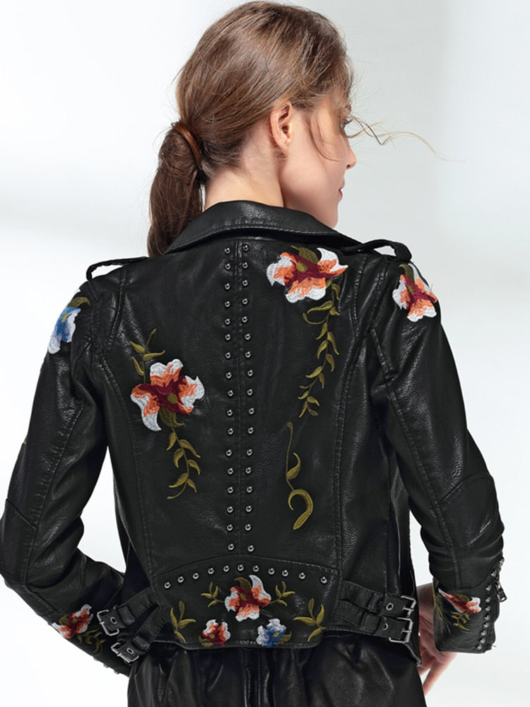 Ftlzz Frauen Blumendruck Stickerei Faux Weiche Lederjacke Mantel Umlegekragen Lässige Pu Motorrad Schwarz Punk Oberbekleidung